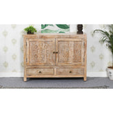Indian Handmade Solid Wood 2 Drawers & Door Carved Cabinet